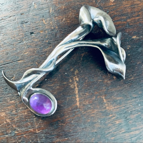 Vintage Sterling Silver Amethyst Calla Lily Floral Pin Brooch - Picture 9 of 13